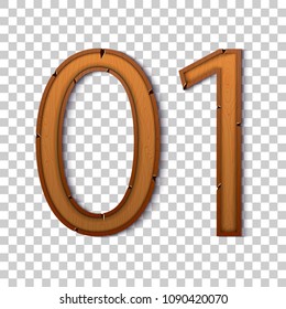 Decorative font. Cartoon set wooden numbers. Brown wood texture. Wooden board, old-style. Wooden brown game set.