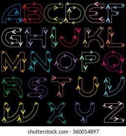 Decorative font - colored outline letters decorated arrows on a black background.