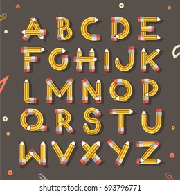 Decorative font. The concept of a school font from pencils. Latin font from pencils.Flat design.
