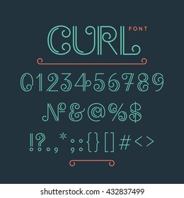 Decorative font Curl. Numbers and symbols vector font.