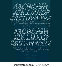  Decorative font with curled elements. Tale about fores font. Alphabet.
