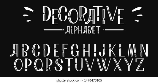 Decorative font design, geometric modern alphabet on a black background. Trendy letters in hand drawn style. Vector abstract typefaces, typography.