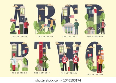  Decorative font for designers. Vector drawing is suitable for decoration of children's clothing, postcards or banners. The font depicts flags of different countries, architecture and people.