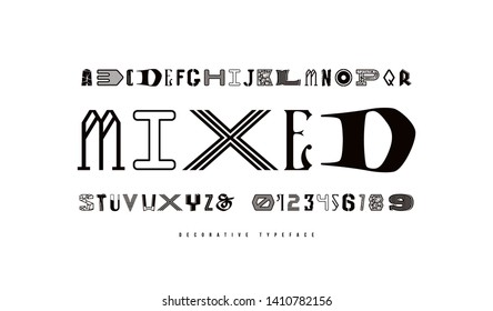 Decorative font of different styles. Letters and numbers for logo and headline design. Isolated on white background