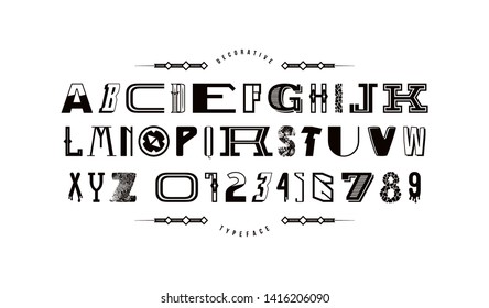 Decorative font of different styles. Letters and numbers for logo and headline design. Isolated on white background