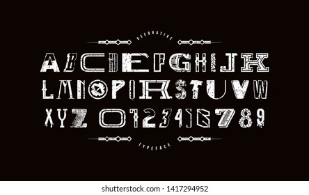 Decorative font of different styles. Letters and numbers with rough texture for logo and headline design. White print on black background