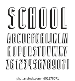 Decorative   font with effect of volume. Design for titles and logos. Black print on white background