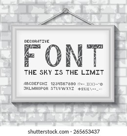 A decorative font. Nice font in a frame. A set of letters, numbers and punctuation marks.