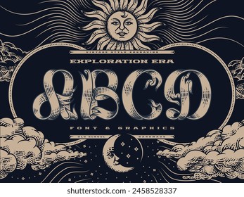 Decorative font set Exploration Era in vintage engraving style with illustrations of a sun, sky and clouds.