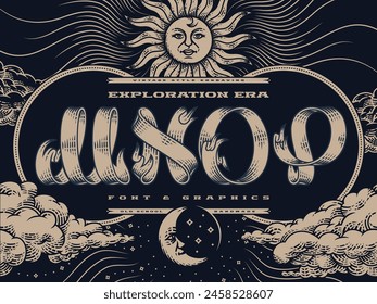 Decorative font set Exploration Era in vintage engraving style with illustrations of a sun, sky and clouds.