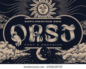 Decorative font set Exploration Era in vintage engraving style with illustrations of a sun, sky and clouds.