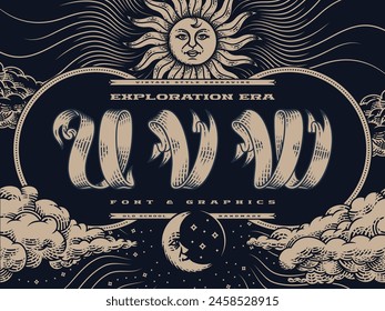 Decorative font set Exploration Era in vintage engraving style with illustrations of a sun, sky and clouds.