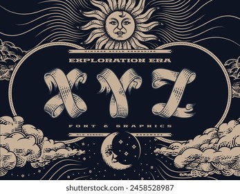 Decorative font set Exploration Era in vintage engraving style with illustrations of a sun, sky and clouds.