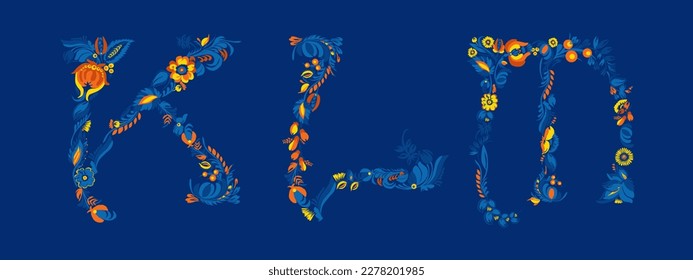 Decorative font. Set of initial letters K, L, M. Traditional Ukrainian Petrykivka painting. Elements of blue-yellow floral ornament. Typographic composition.