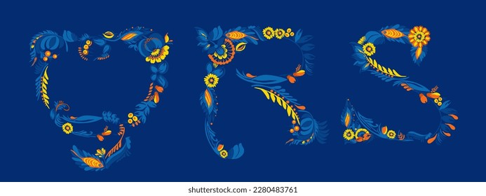 Decorative font. Set of initial letters Q, R, S. Traditional Ukrainian Petrykivka painting. Elements of blue-yellow floral ornament. Typographic composition.