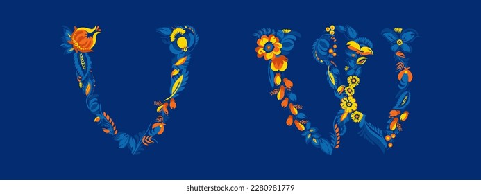 Decorative font. Set of initial letters V, W. Traditional Ukrainian Petrykivka painting. Elements of blue-yellow floral ornament. Typographic composition.