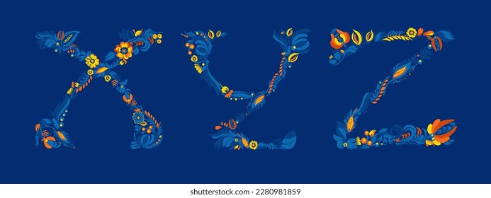 Decorative font. Set of initial letters X, Y, Z. Traditional Ukrainian Petrykivka painting. Elements of blue-yellow floral ornament. Typographic composition.
