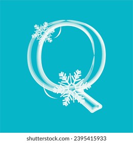 Fuente decorativa con copos de nieve. Imagen para decoración de vacaciones de invierno. El diseño inicial del logotipo Q se combina con copos de nieve. Una serie de letras A-Z.