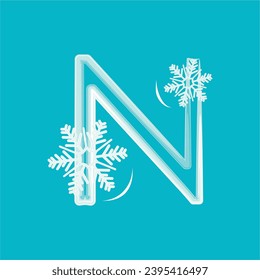 Decorative font with snowflakes. Image for winter holidays decoration. The initial N logo design is combined with snowflakes. A series of letters A-Z.
