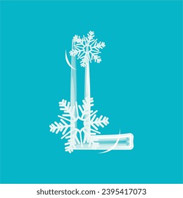 Fuente decorativa con copos de nieve. Imagen para decoración de vacaciones de invierno. El diseño inicial del logotipo L se combina con copos de nieve. Una serie de letras A-Z.