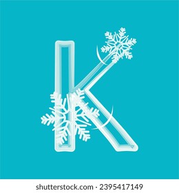 Decorative font with snowflakes. Image for winter holidays decoration. The initial K logo design is combined with snowflakes. A series of letters A-Z.