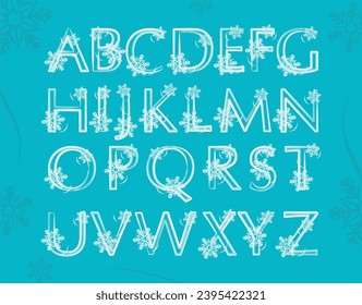 Decorative font with snowflakes. A set of letters from A to Z. Image for winter holidays decoration. Winter alphabet with snowflakes. Beautiful letters. logo design initial A-Z combine with snow.