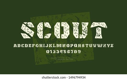 Decorative font in the style of handmade graphics. Letters and numbers with vintage texture for logo and title design. Print on green background