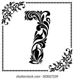Decorative Font with swirls and floral elements. Ornate decorated digit seven on white background.