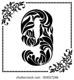 Decorative Font with swirls and floral elements. Ornate decorated digit nine on white background.