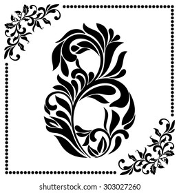 Decorative Font with swirls and floral elements. Ornate decorated digit eight on white background.