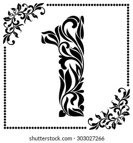 Decorative Font with swirls and floral elements. Ornate decorated digit one on white background.