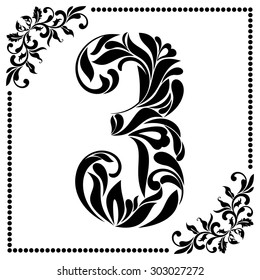 Decorative Font with swirls and floral elements. Ornate decorated digit three on white background.