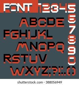 Decorative font. Volumetric letters, numbers and punctuation marks.