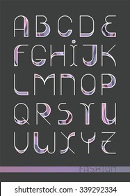Decorative font with wide elements and strokes. Fashion font. Alphabet. One of color versions. Dark background, violet and purple parts