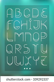 Decorative font with wide elements and strokes. Fashion font. Alphabet. One of color versions with holes. Blue gradient on background