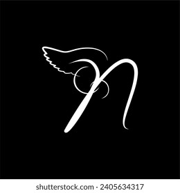 Decorative font with wings. Letters with a wing. Series of letters A-Z. Beautiful letters. The initial design of the N logo is combined with wings.