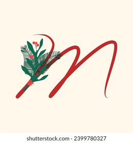 Decorative font with a winter bouquet. Letters with mistletoe. Image for decorating the winter holidays. The initial design of the M logo is combined with plants. Series of letters A-Z.