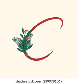 Decorative font with a winter bouquet. Letters with mistletoe. Image for decorating the winter holidays. The initial design of the C logo is combined with plants. Series of letters A-Z.