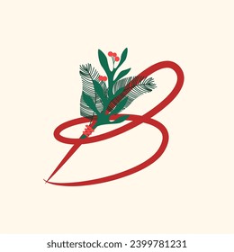 Decorative font with a winter bouquet. Letters with mistletoe. Image for decorating the winter holidays. The initial design of the B logo is combined with plants. Series of letters A-Z.