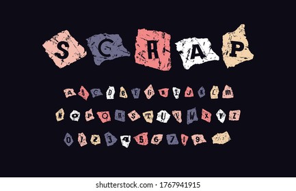 Decorative font of zine collage style. Letters and numbers on scraps of paper with rough texture for headline design. Color print on black background
