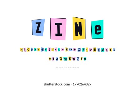 Decorative font of zine collage style. Letters and numbers for bright headline design. Isolated on white background