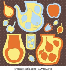 Decorative food icons with  silhouettes of artistic jugs, pots and glasses with fruits and berries. Vector background.