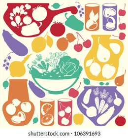 Decorative food icons - vector silhouettes of  artistic jugs, pots and glasses with fruits, vegetables and berries.