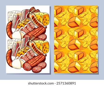 Decorative food layouts featuring sausage platters, cheeses, and bread. Perfect for food promotions or party catering designs. Vector illustration.