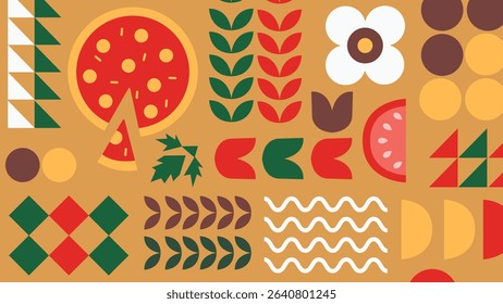 Decorative food visual with windmill icon, tomatoes, soft drink bottle and pizza ingredients in vibrant red. Ideal for organic and artisan pizza branding
