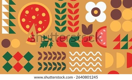 Decorative food visual with windmill icon, tomatoes, soft drink bottle and pizza ingredients in vibrant red. Ideal for organic and artisan pizza branding