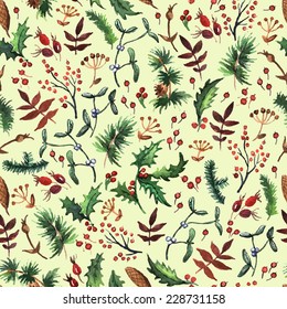 Decorative forest Christmas pattern. Hand painting. Watercolor. Seamless pattern for fabric, paper and other printing and web projects. 