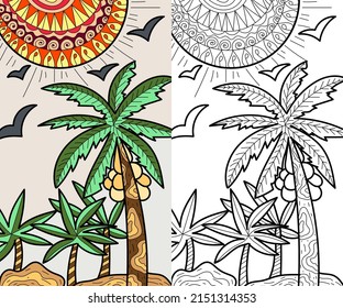 Decorative forest coconut trees  coloring book page illustration for adults art drawing relaxing 