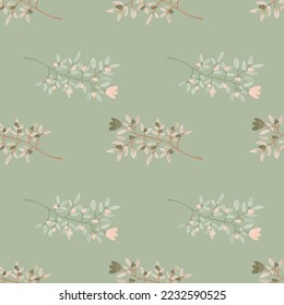 Decorative forest flower endless wallpaper. Hand drawn herbal seamless pattern. Freehand organic background. Design for fabric, textile print, wrapping, cover. Vector illustration.