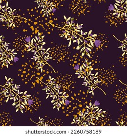 Decorative forest flower endless wallpaper. Hand drawn herbal seamless pattern. Freehand organic background. Design for fabric, textile print, wrapping, cover. Vector illustration.